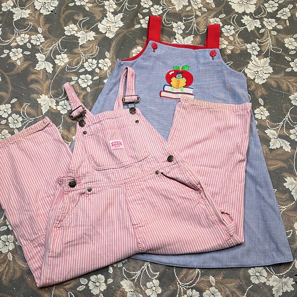 Girls age 5 and 6 reversible dress and pink stripe Key overalls bundle